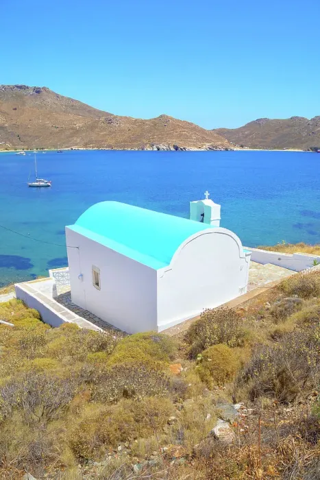 Framed Print : Orthodox chapel overlooking Koutalas Bay, Serifos Island, Cyclades Islands, Greece