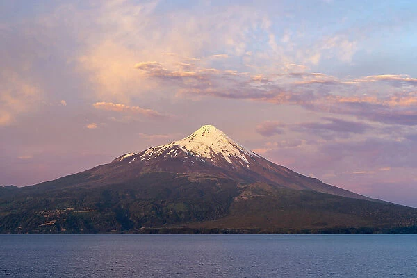 Osorno Volcano and Llanquihue Lake at sunset, Frutillar, Llanquihue Province, Los Lagos Region, Chile
