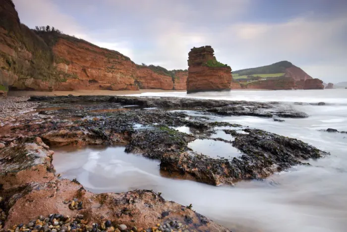 Framed Print : Otterton sandstone cliffs and seastacks at Ladram Bay, South Devon, England. January 2009 Framed Print : Otterton sandstone cliffs and seastacks at Ladram Bay, South Devon, England. January 2009