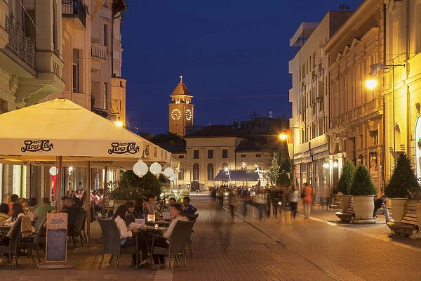 Outdoor cafes at dusk, Szeged, Southern Plain, Hungary