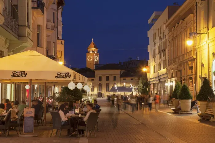 Framed Print : Outdoor cafes at dusk, Szeged, Southern Plain, Hungary Framed Print : Outdoor cafes at dusk, Szeged, Southern Plain, Hungary