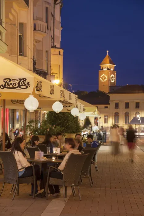 Framed Print : Outdoor cafes at dusk, Szeged, Southern Plain, Hungary