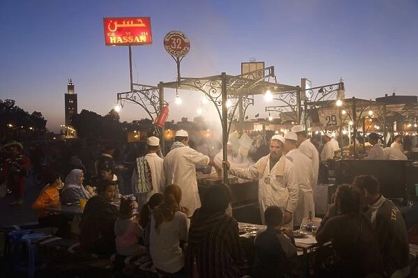 Outdoor food stalls in Djemaa el-Fna, Marrakech, Morocco