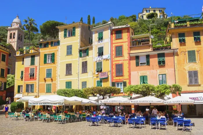 Framed Print : Outdoor restaurants in Piazza Martiri dell Olivetta, Portofino, Liguria, Italy