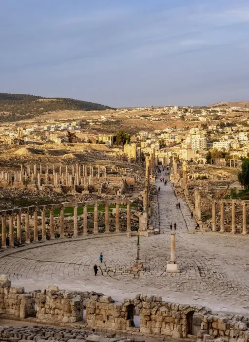 Framed Print : Oval Plaza at sunset, elevated view, Jerash, Jerash Governorate, Jordan Framed Print : Oval Plaza at sunset, elevated view, Jerash, Jerash Governorate, Jordan