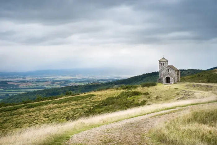 Framed Print : An overcast gray sky over the Chapelle de Saint-Ferra ol, near Dourgne, Tarn Department