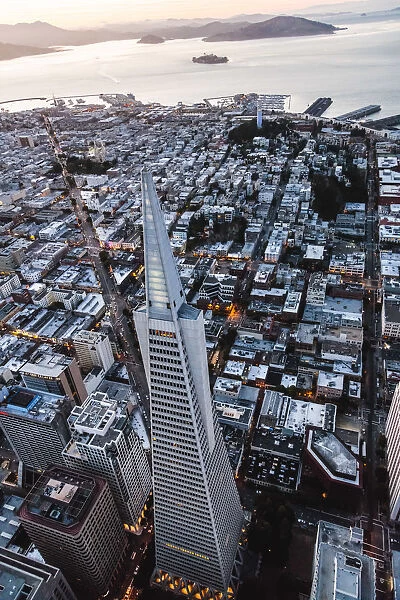 Overhead aerial of Transamerica pyramid at sunset, San Francisco, California, USA