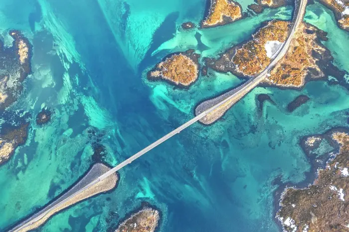 Framed Print : Overhead aerial view of Fredvang bridge crossing emerald waters of the fjord, Lofoten Islands, Norway, Scandinavia, Europe Framed Print : Overhead aerial view of Fredvang bridge crossing emerald waters of the fjord, Lofoten Islands, Norway, Scandinavia, Europe