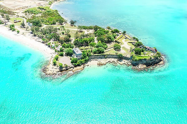 Overhead view of the old Fort James and beach, St. John's, Antigua, Antigua & Barbuda, Caribbean