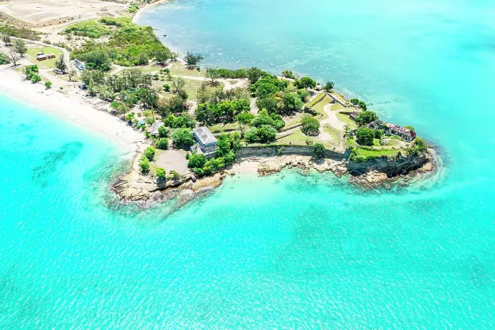 Framed Print : Overhead view of the old Fort James and beach, St. John's, Antigua, Antigua & Barbuda, Caribbean Framed Print : Overhead view of the old Fort James and beach, St. John's, Antigua, Antigua & Barbuda, Caribbean