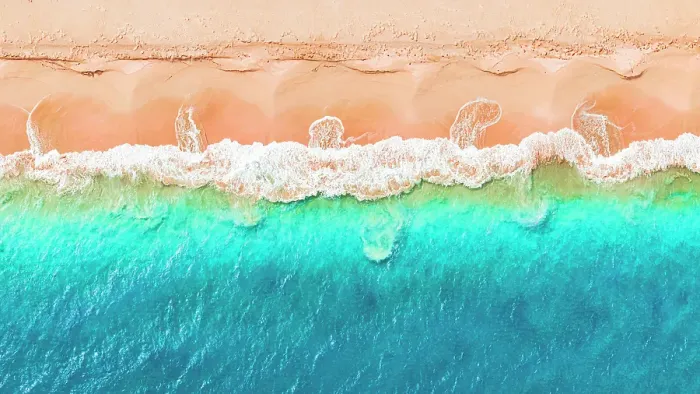Framed Print : Overhead view of waves of blue sea breaking on pink sand beach in a tropical lagoon, Barbuda, Antigua & Barbuda, Caribbean Framed Print : Overhead view of waves of blue sea breaking on pink sand beach in a tropical lagoon, Barbuda, Antigua & Barbuda, Caribbean