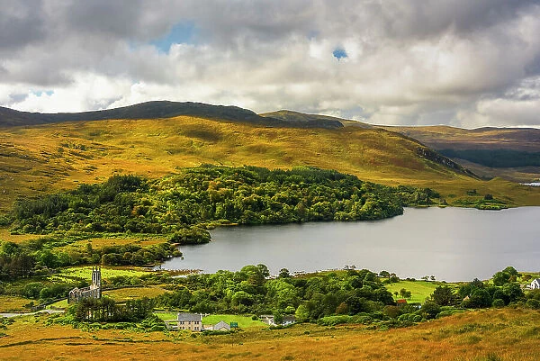 Overlooking the beautiful Poisoned Glen sits and thel Old Church of Dunlewey at Dunlewey lough County Donegal, Ulster region, Ireland, Europe