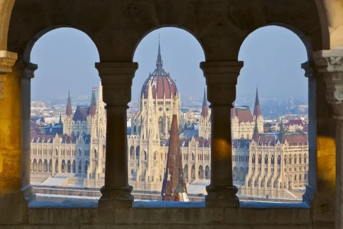 Framed Print : Overview of the Hungarian Parliament Building and the River Danube from Fisherman s