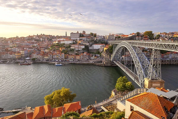 Overview of Porto old town and Dom Luis I Bridge, Vila Nova de Gaia, Porto, Portugal
