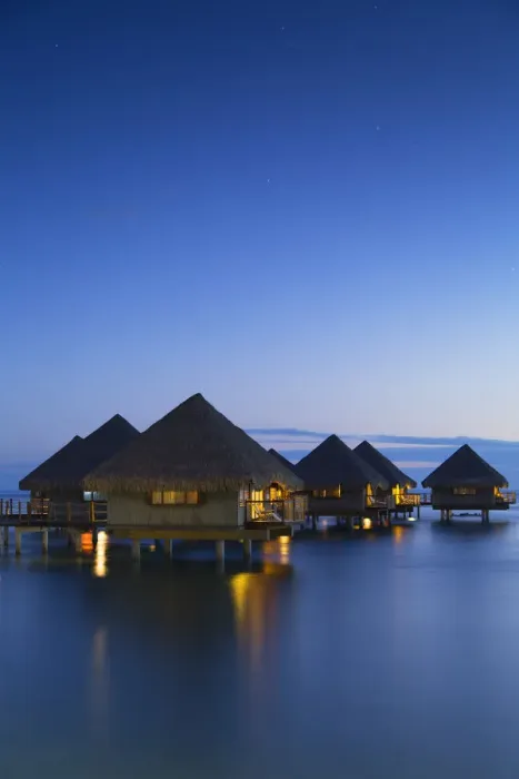 Framed Print : Overwater bungalows at Le Meridien Tahiti Hotel at dusk, Pape ete, Tahiti Framed Print : Overwater bungalows at Le Meridien Tahiti Hotel at dusk, Pape ete, Tahiti