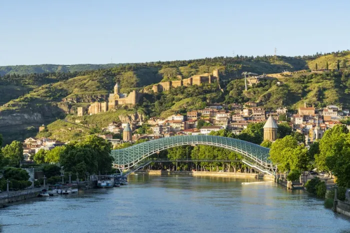 Framed Print : The Pace bridge along Kura river with Narikala castle in the background. Tbilisi, Georgia Framed Print : The Pace bridge along Kura river with Narikala castle in the background. Tbilisi, Georgia