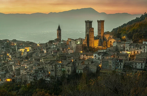 Pacentro with its castle and towers. Pacentro, province of l Aquila, Abruzzo, Italy