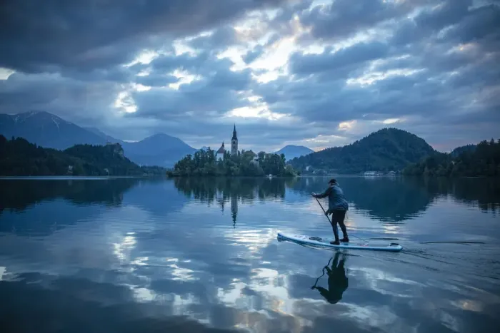 Framed Print : Paddle boarding, Lake Bled, Slovenia Framed Print : Paddle boarding, Lake Bled, Slovenia