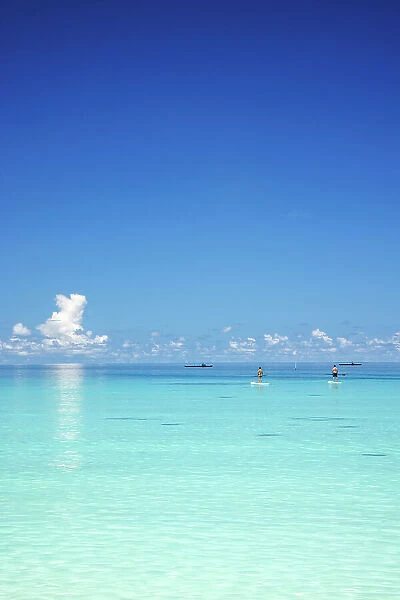 Paddleboarders in the turquoise waters of the Indian Ocean, North Ari Atoll, the Maldives