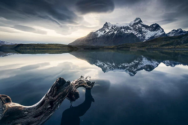 Paine Grande reflected in a lake at sunset, Patagonia, Chile