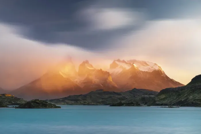 Framed Print : Paine Horns, Cerro Paine and Lake Pehoa at sunrise. Torres del Paine National Park