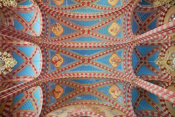 The painted interior ceiling of the Almagro Basilica (Spanish: Basilica de Maria Auxiliadora y San Carlos), Almagro, Buenos Aires, Argentina