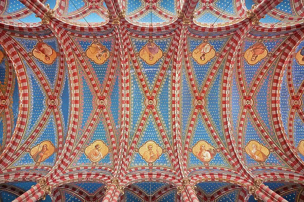 The painted interior ceiling of the Almagro Basilica (Spanish: Basilica de Maria Auxiliadora y San Carlos), Almagro, Buenos Aires, Argentina