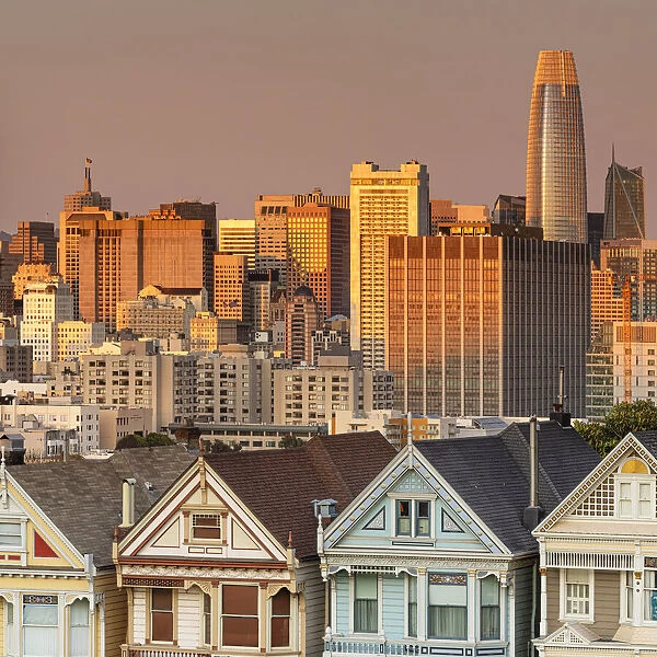 Painted Ladies, victorian houses at Alamo Square, Skyline of San Francisco