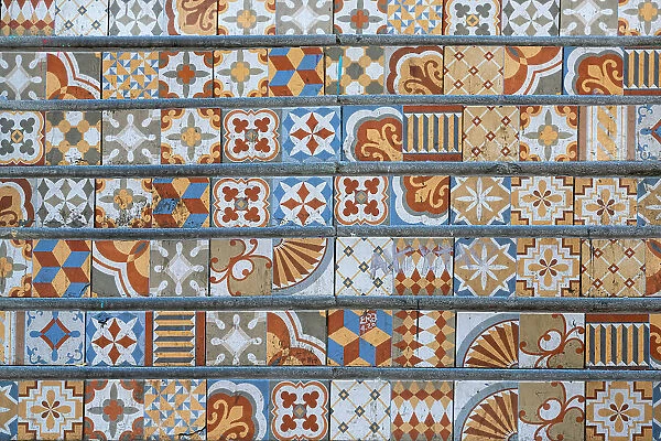 Detail of painted tiles on Cienfuegos stairs, Valparaiso, Valparaiso Province, Valparaiso Region, Chile