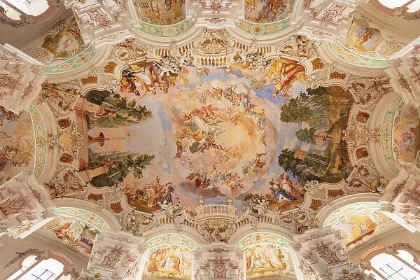 Painting on the ceiling of the Pilgrimage church of Steinhausen, Upper Swabian Baroque Road, Upper Swabia, Baden-Wurttemberg, Germany