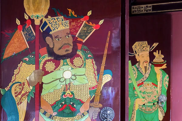 Painting on temple door in the old town, Shanghai, China