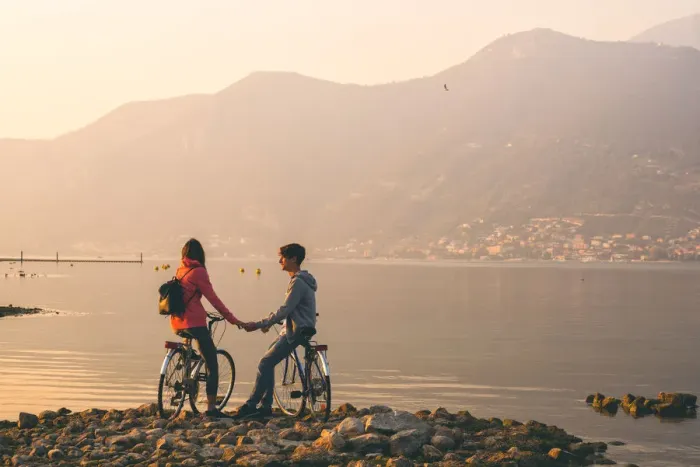 Framed Print : Pair of cyclists at sunset, iseo lake, Brescia province, Lombardy district, Italy Framed Print : Pair of cyclists at sunset, iseo lake, Brescia province, Lombardy district, Italy