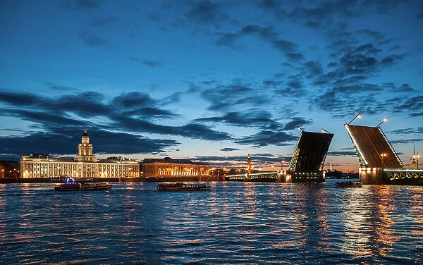 The Palace Brige raised at night, Saint Petersburg, Russia