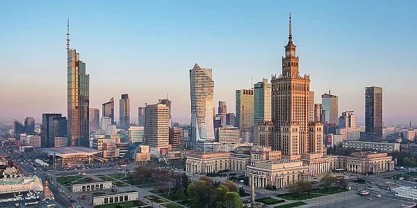 Palace of Culture and Science and City Centre Skyline at sunrise, elevated view, Warsaw, Masovian Voivodeship, Poland