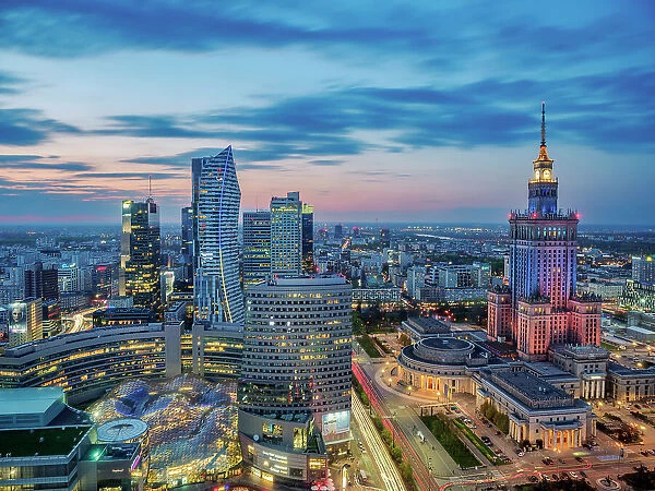 Palace of Culture and Science and City Centre Skyline at dusk, elevated view, Warsaw, Masovian Voivodeship, Poland