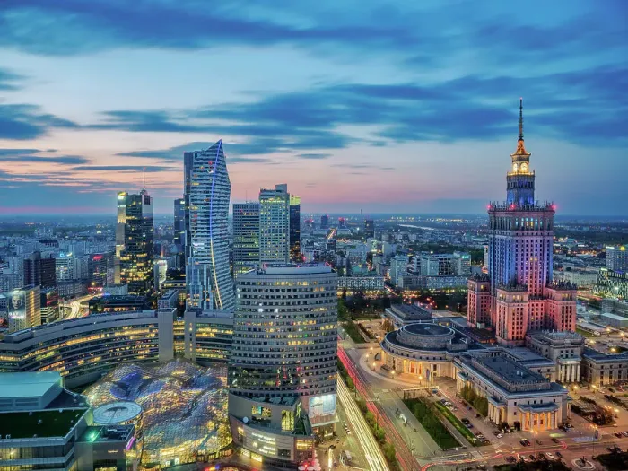 Framed Print : Palace of Culture and Science and City Centre Skyline at dusk, elevated view, Warsaw, Masovian Voivodeship, Poland Framed Print : Palace of Culture and Science and City Centre Skyline at dusk, elevated view, Warsaw, Masovian Voivodeship, Poland
