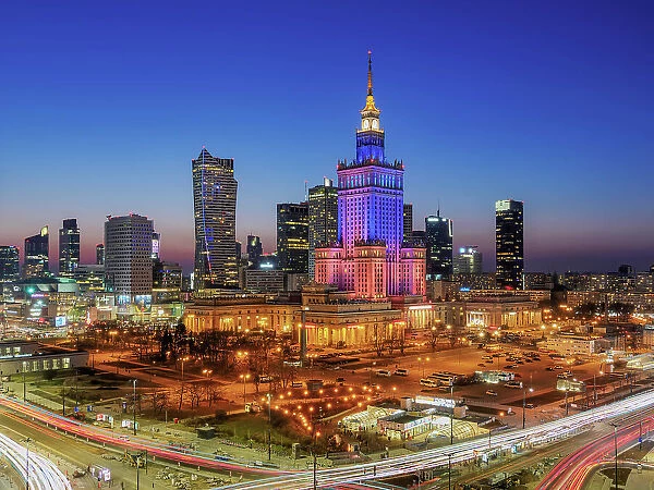 Palace of Culture and Science and City Centre Skyline at dusk, elevated view, Warsaw, Masovian Voivodeship, Poland