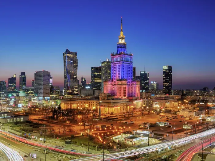 Framed Print : Palace of Culture and Science and City Centre Skyline at dusk, elevated view, Warsaw, Masovian Voivodeship, Poland Framed Print : Palace of Culture and Science and City Centre Skyline at dusk, elevated view, Warsaw, Masovian Voivodeship, Poland