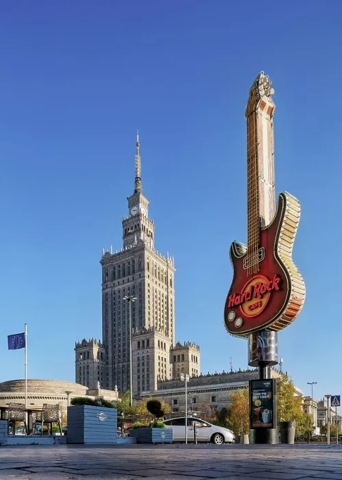 Framed Print : Palace of Culture and Science and Hard Rock Cafe Guitar, Warsaw, Masovian Voivodeship, Poland