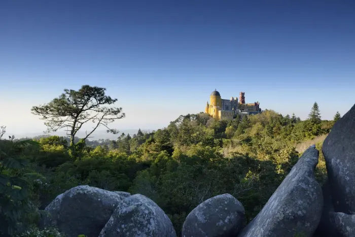 Framed Print : Palacio da Pena, built in the 19th century on the hills above Sintra, in the middle Framed Print : Palacio da Pena, built in the 19th century on the hills above Sintra, in the middle