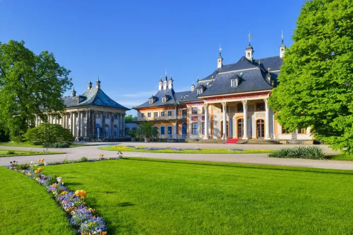 Framed Print : Palais Bergpalais of castle Pillnitz and palace garden, English garden, Dresden, Saxony Framed Print : Palais Bergpalais of castle Pillnitz and palace garden, English garden, Dresden, Saxony