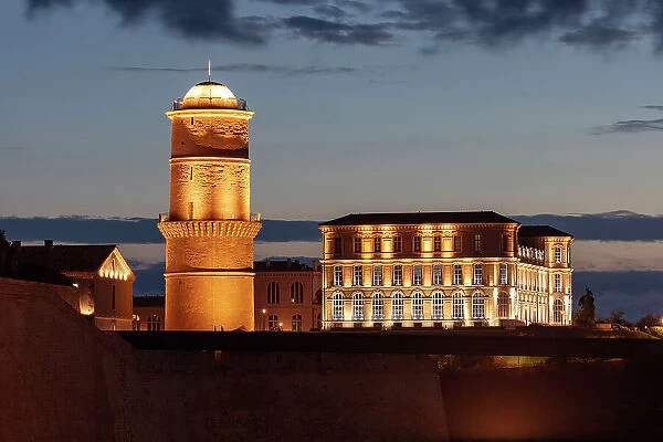 Palais du Pharo (Lighthouse palace) & tour de Fanal at night, Marseille, Provence-Alpes-Cote d'Azur, France