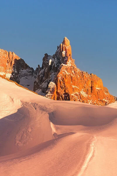 Pale di San Martino Peaks at sunset during winter season from Rolle pass, Predazzo, Dolomites, Trentino, Italy