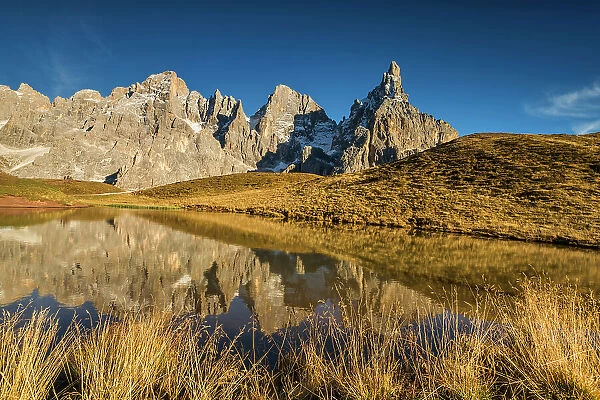 Pale di San Martino Reflecting in Alpine Lake, Passo Rolle, Dolomites, Trentino-Alto Adige, Italy