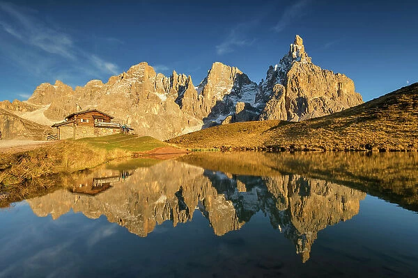 Pale di San Martino Reflecting in Alpine Lake, Passo Rolle, Trentino-Alto Adige, Dolomites, Italy