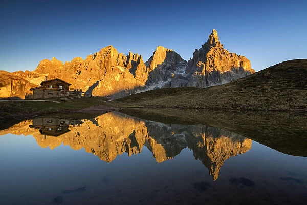 Pale di San Martino Reflecting in Lake, Passo Rolle, Dolomites, Italy