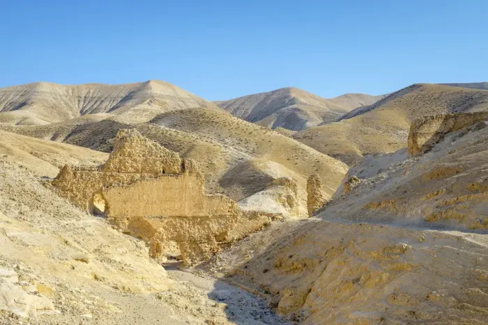 Framed Print : Palestine, West Bank, Jericho. Ruins of ancient aqueduct in Wadi Quelt, Prat River gorge