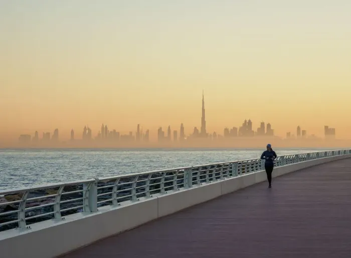 Framed Print : Palm Jumeirah Boardwalk and City Centre Skyline at sunrise, Dubai, United Arab Emirates