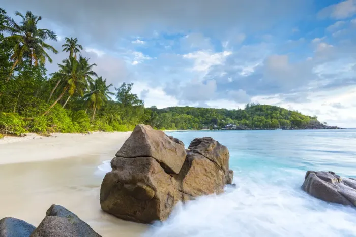 Framed Print : Palm trees and tropical beach, southern Mahe, Seychelles