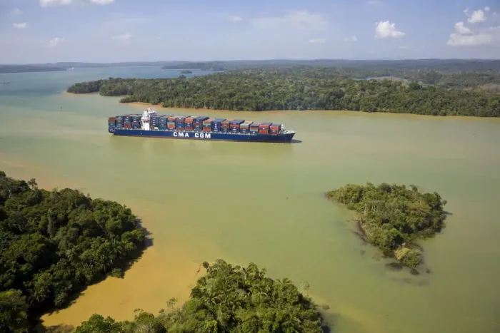 Framed Print : Panama, Container transiting Panama Canal, Gatun Lake Framed Print : Panama, Container transiting Panama Canal, Gatun Lake